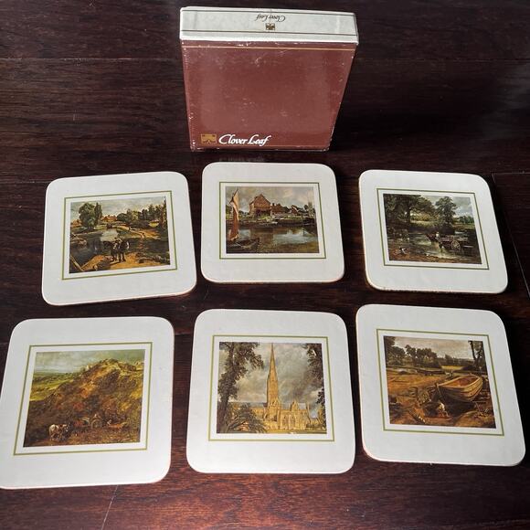 VTG Boxed Set Of 6 Clover Leaf Cork Coasters Floral White Flowers Made In UK EUC - Picture 1 of 9